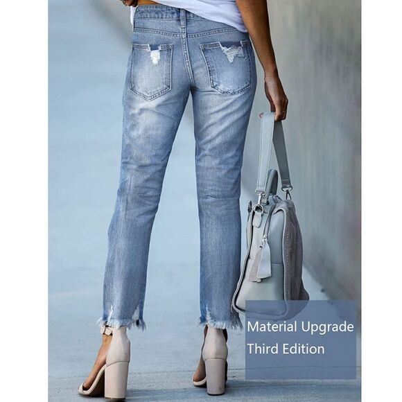 GOSOPIN Distressed Raw Hem Boyfriend Straight Leg Jeans - Picture 3 of 9